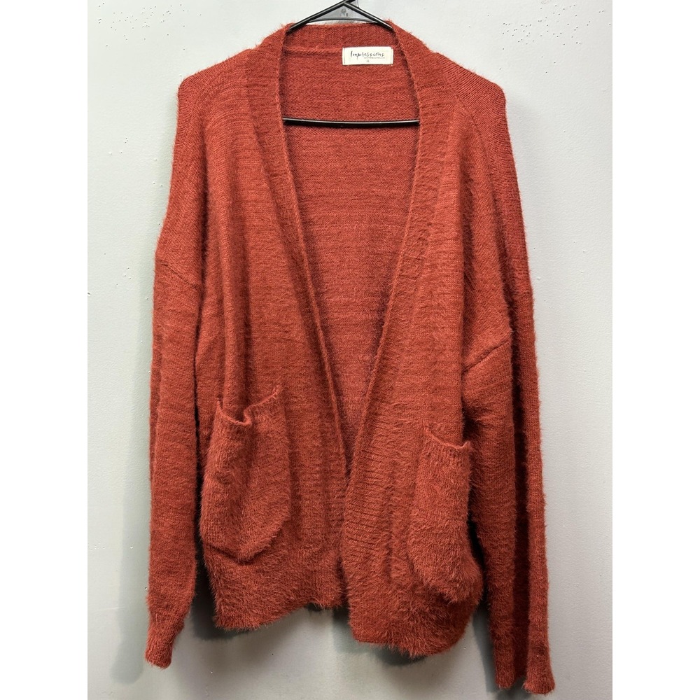 Impressions Sweater Womens Medium Rust Open Front Fuzzy Cardigan Pockets Knit